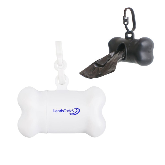 A bone-shaped pet waste bag dispenser in white with a black version, featuring a clip for easy attachment.