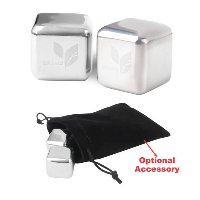 Stainless steel ice cubes in a black pouch, featuring a shiny silver finish. The pouch is included as an optional accessory. Stainless steel ice cubes in a black pouch, featuring a shiny silver finish. The pouch is included as an optional accessory.