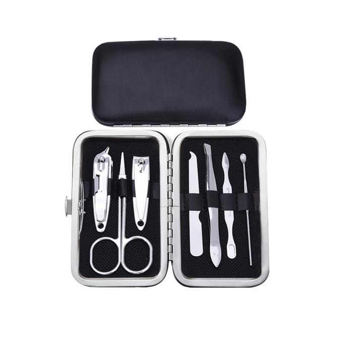 A stylish manicure set in a black case, featuring stainless steel tools including scissors, clippers, and tweezers. A stylish manicure set in a black case, featuring stainless steel tools including scissors, clippers, and tweezers.