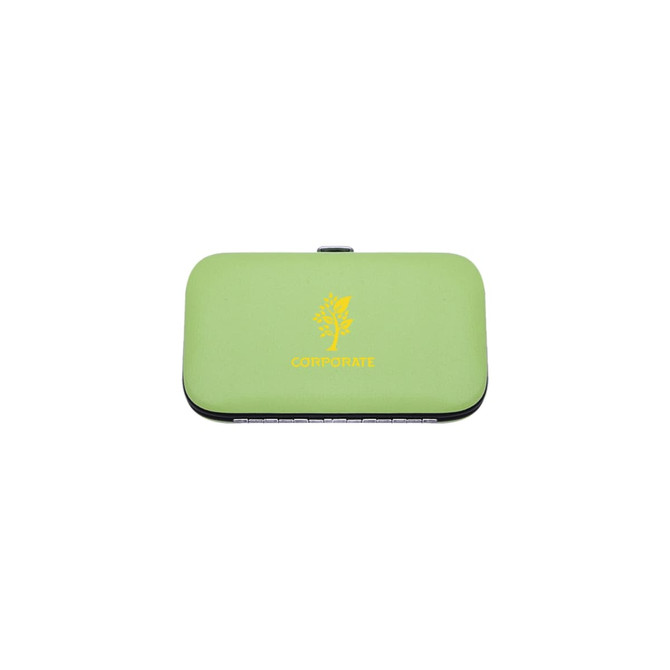 A green manicure set case with a logo, containing nail care tools for health and beauty. A green manicure set case with a logo, containing nail care tools for health and beauty.