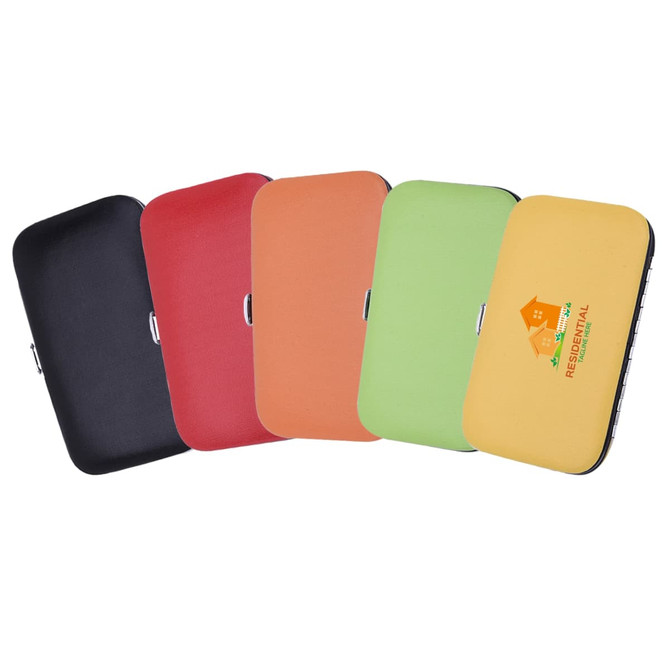 A stylish manicure set in a variety of colours including black, red, orange, green, and a logo on one case. A stylish manicure set in a variety of colours including black, red, orange, green, and a logo on one case.