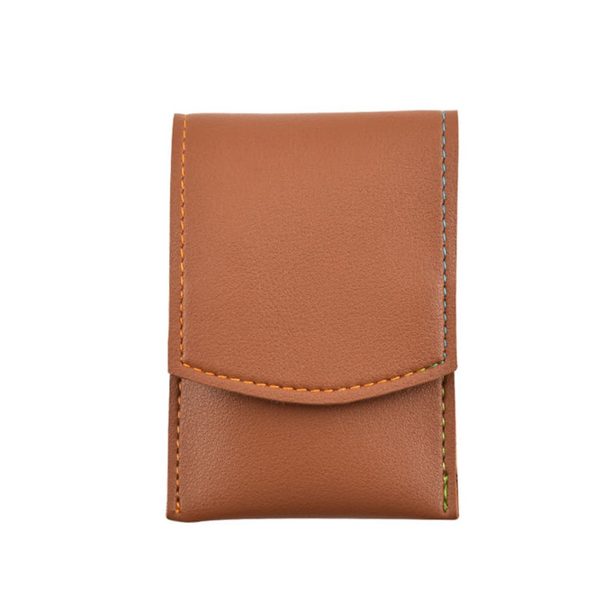 A brown portable manicure set case with colourful stitching, featuring a sleek and compact design.