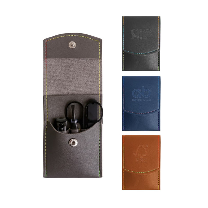 A portable manicure set featuring scissors, clippers, and a file in grey, blue, and brown faux leather cases with branding.