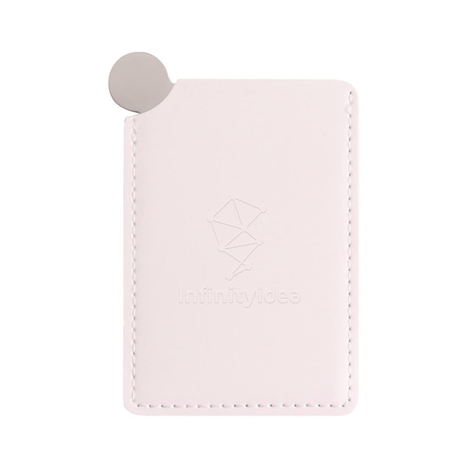 A white stainless steel portable mirror with a rounded edge and a branded logo. A white stainless steel portable mirror with a rounded edge and a branded logo.