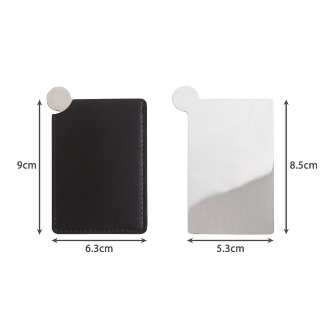 A stainless steel portable mirror beside a black leather case, showcasing dimensions and a shiny reflective surface. A stainless steel portable mirror beside a black leather case, showcasing dimensions and a shiny reflective surface.