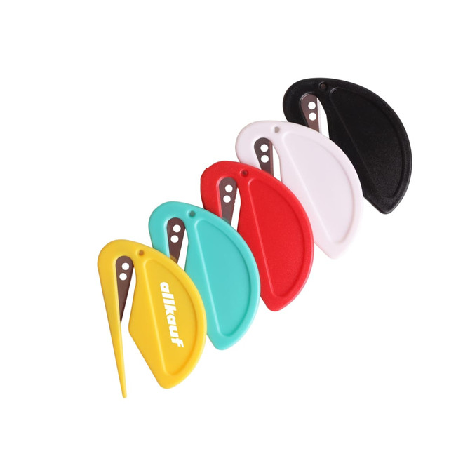 A set of coloured letter openers in yellow, teal, red, white, and black, featuring a logo on one.