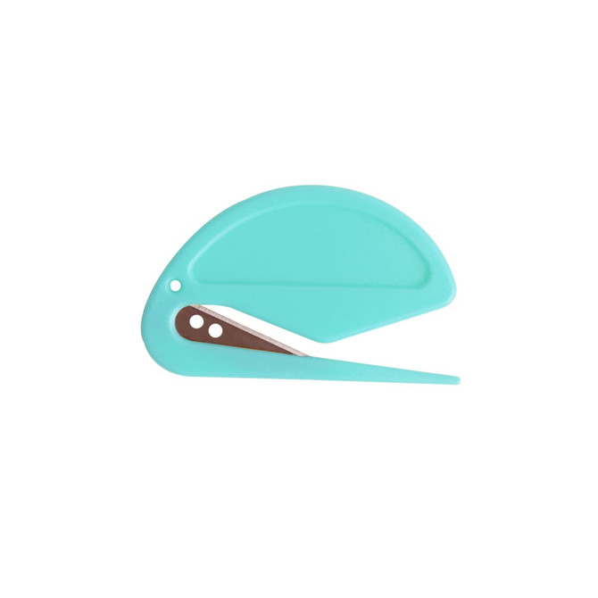 A turquoise coloured letter opener with a sleek design and a metal blade. It features a small logo on the handle.