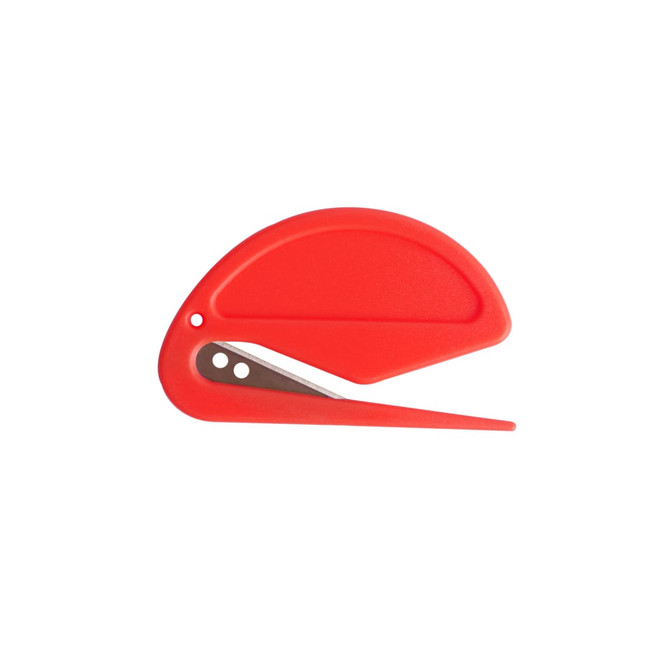 A red letter opener with a curved design and a metallic cutting blade. The item features a small logo.