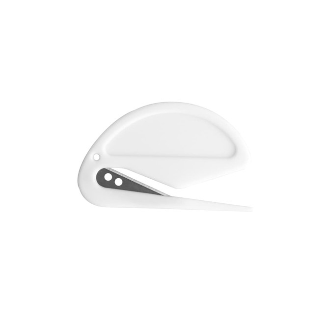 A white letter opener with a curved design and a silver blade. It features a small logo on the surface.