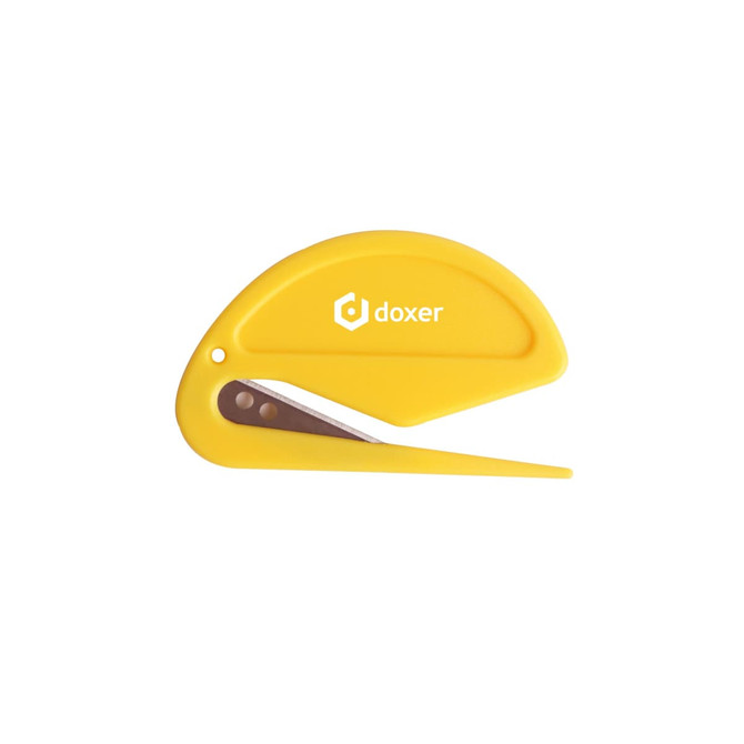 A yellow letter opener with a curved design and a blade, featuring a logo on the side.