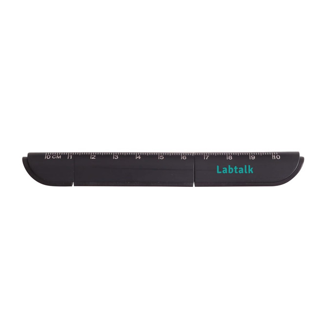 A black multifunctional scissors with a ruler marking, featuring a branding logo. A black multifunctional scissors with a ruler marking, featuring a branding logo.