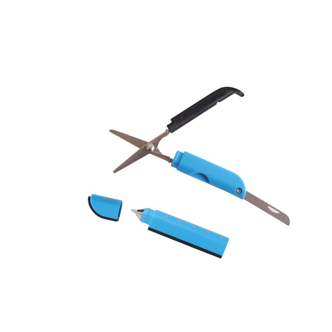 Multifunctional scissors in blue, featuring a cutting blade, safety cap, and measuring tool, with a logo displayed. Multifunctional scissors in blue, featuring a cutting blade, safety cap, and measuring tool, with a logo displayed.