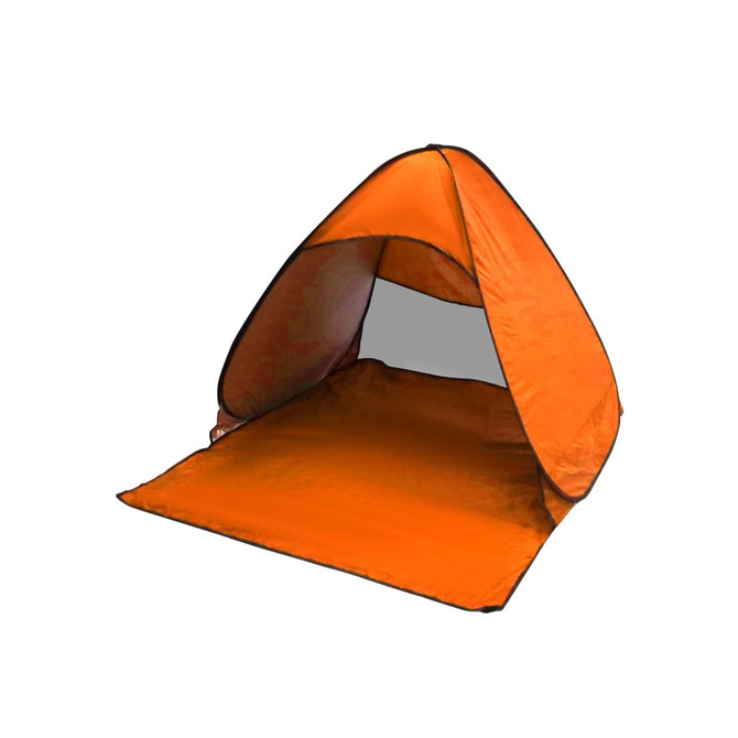 An orange pop-up beach tent featuring an open design with a protective cover and floor. It has a black trim.