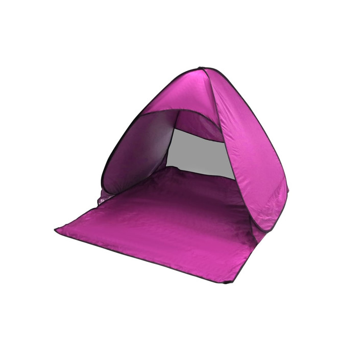 A pop-up beach tent in vibrant pink, featuring a mesh design and a spacious interior for shade and relaxation.
