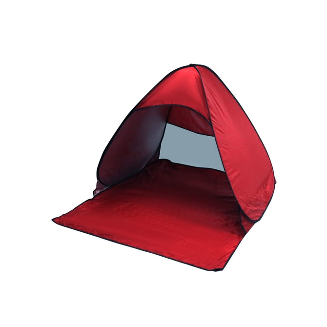 A red pop-up beach tent with a triangular shape and a flat floor, featuring an open entrance.
