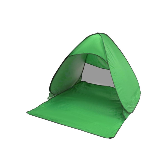 A green pop-up beach tent with a structured design and a flat floor, featuring mesh sides and a logo.