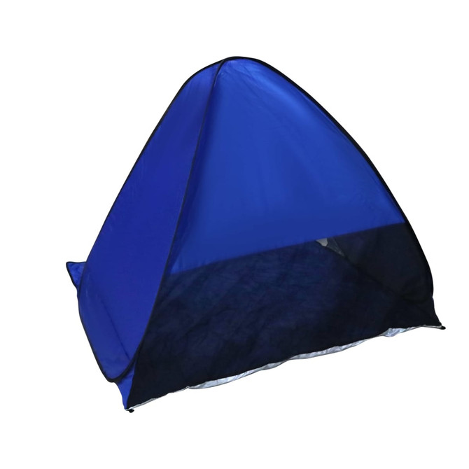 A blue pop-up beach tent with a mesh front and a solid base, featuring a lightweight design.