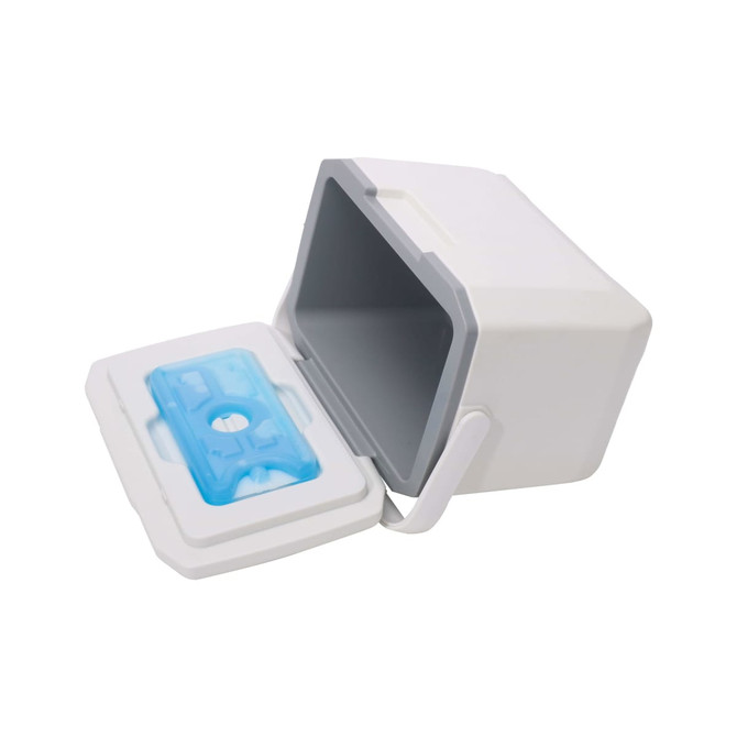 A white 6L cooler box with a removable blue ice pack inside and an open lid, featuring a logo on the front.