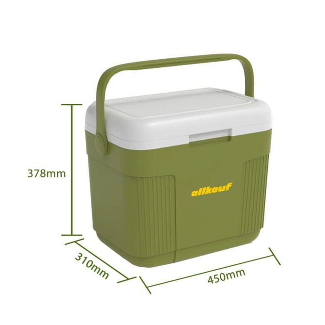 A green and white 22L cooler box with a comfortable carry handle and dimensions displayed. It features branding. A green and white 22L cooler box with a comfortable carry handle and dimensions displayed. It features branding.
