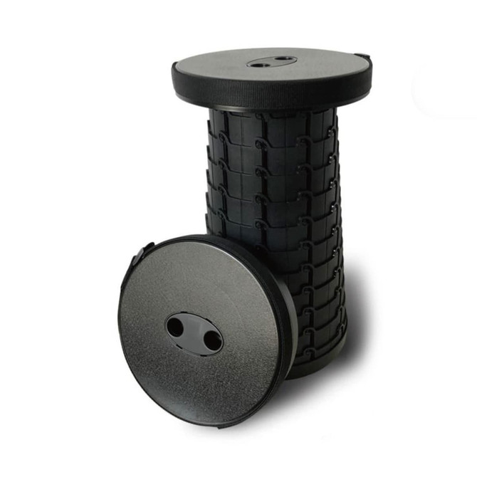 A black Colour Telescopic Stool with a circular top and a detachable lid, featuring a textured design.