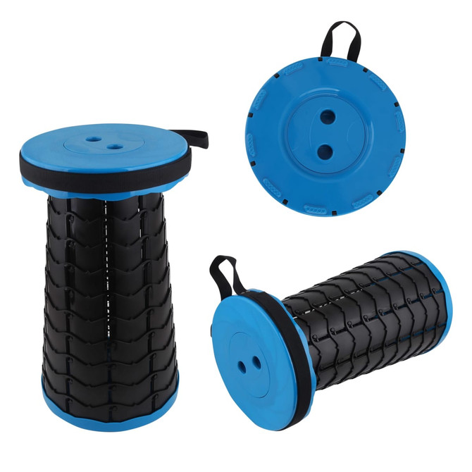 A Colour Telescopic Stool featuring a black body with blue accents and a sturdy, round top. It includes a handle for easy transport.