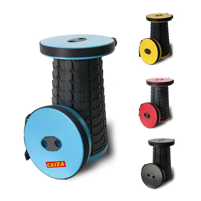 A colourful telescopic stool in blue, yellow, red, and black, featuring a round top and a logo.