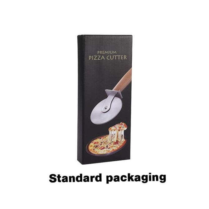 A pizza cutter wheel featuring a hand-carved wooden handle, presented in premium packaging.