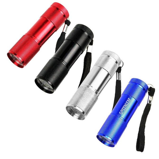A collection of four portable LED torches in red, black, silver, and blue, each with a wrist strap and textured finish.
