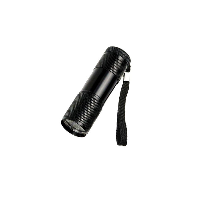 A black portable LED torch with a textured grip and a wrist strap. It includes a branding logo.