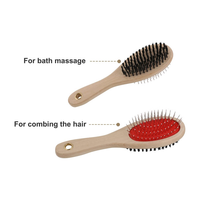 A wooden pet brush featuring two sides: one with pin bristles and the other with softer bristles, coloured black and red.