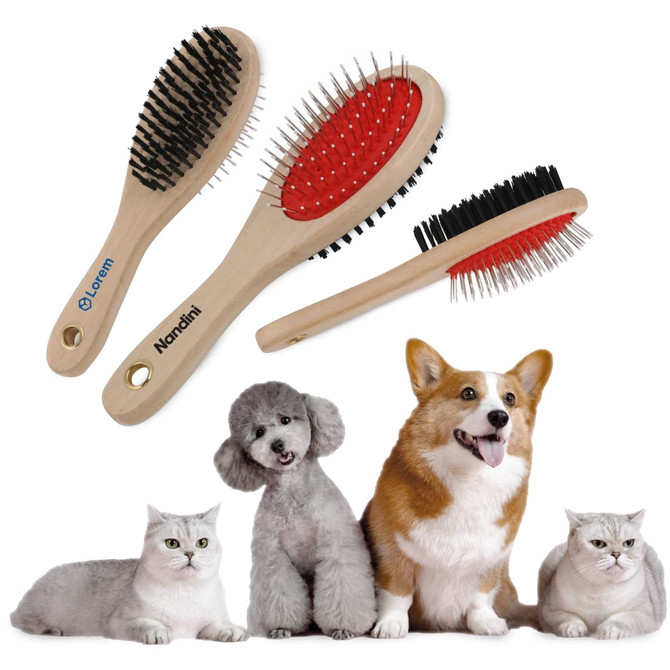 A set of three pet brushes in wooden handles, featuring black and red bristles, with two cats and a dog in the background.