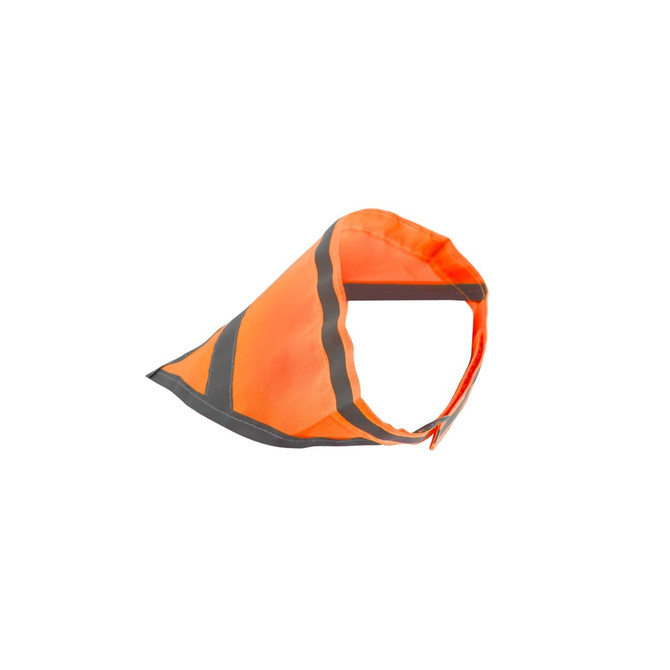 An orange reflective dog bandana with black accents, featuring a logo.