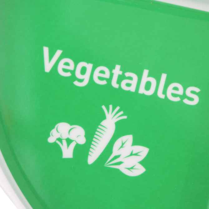 A green melamine portion plate with illustrations of vegetables and a logo.