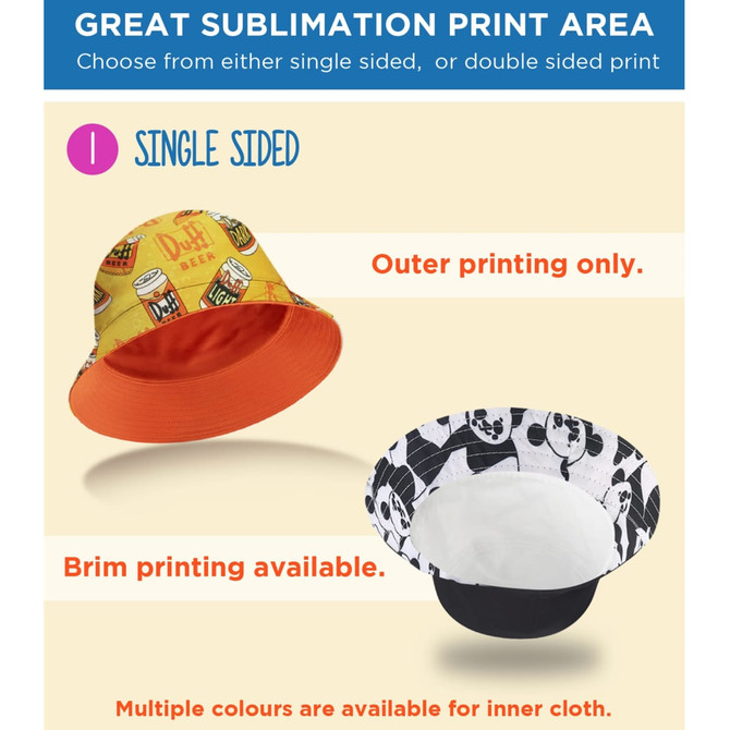 A full-size sublimation bucket hat featuring a vibrant print, available in multiple colours, with an inner cloth option.