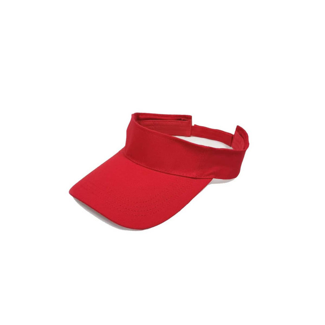 A red Sport Visor with a wide brim and adjustable strap, featuring a logo on the front.