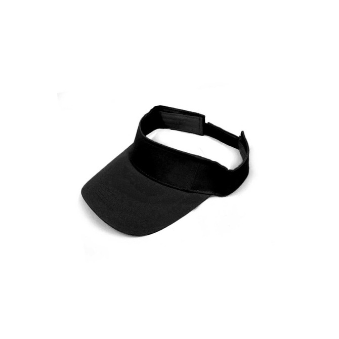 A black sport visor with an adjustable strap and a curved brim, featuring a logo on the front.