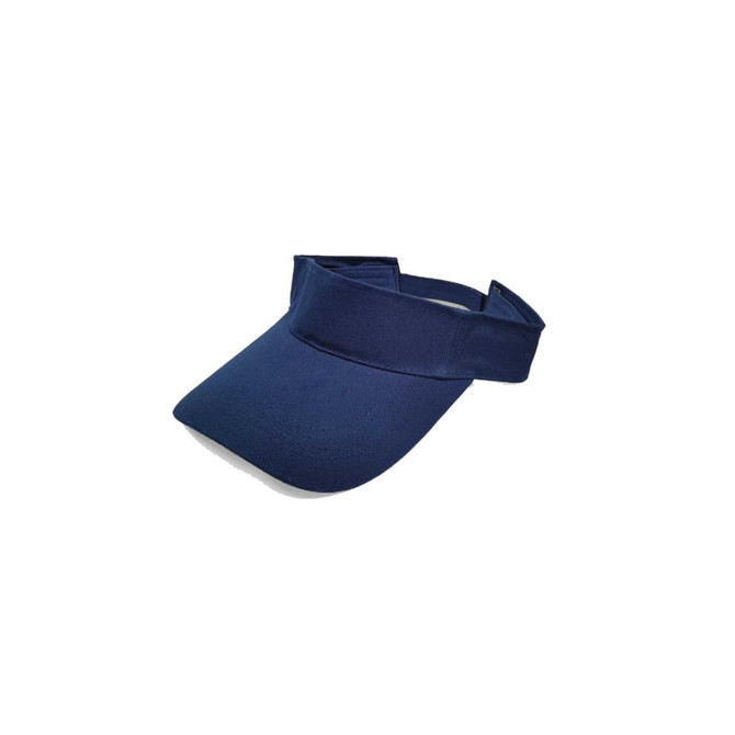 A navy blue sport visor with a wide brim and an adjustable strap, featuring a logo.
