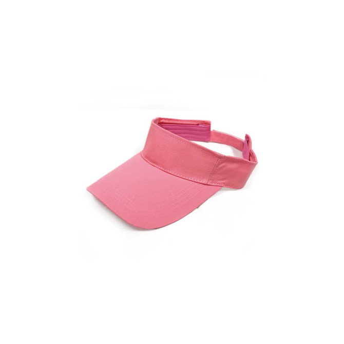 A pink sport visor featuring a wide brim and an adjustable strap at the back, with a logo on the side.