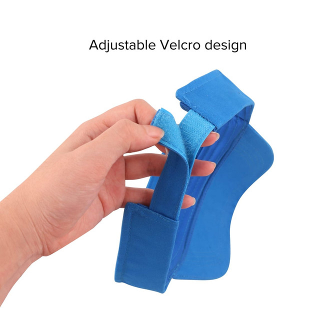 A blue sport visor featuring an adjustable Velcro design, held in a hand, with a logo on it.