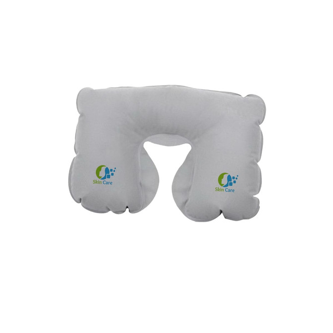 An inflatable travel pillow in white, featuring rounded edges and a logo on one side.