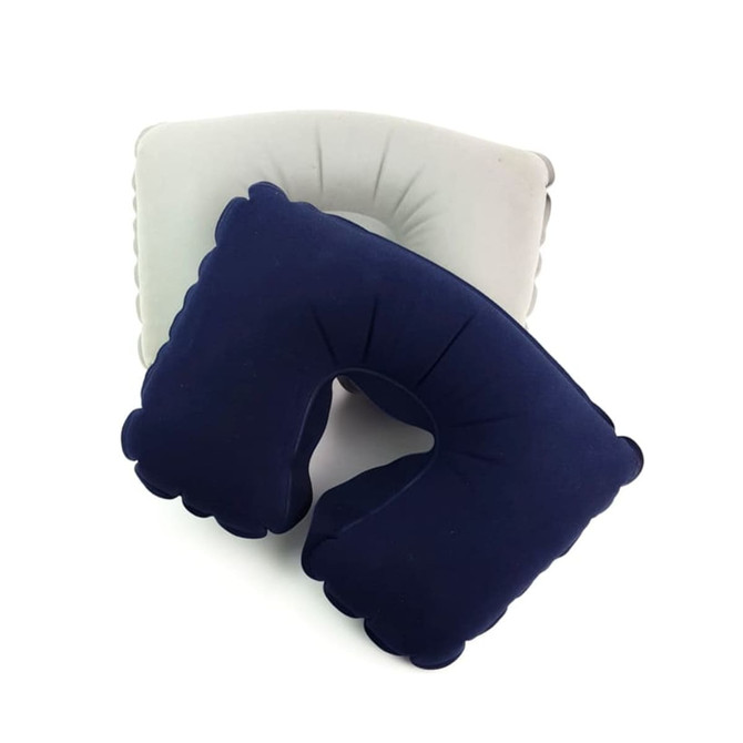 An inflatable travel pillow in navy blue and grey, featuring a contoured design for comfort. It has a logo.