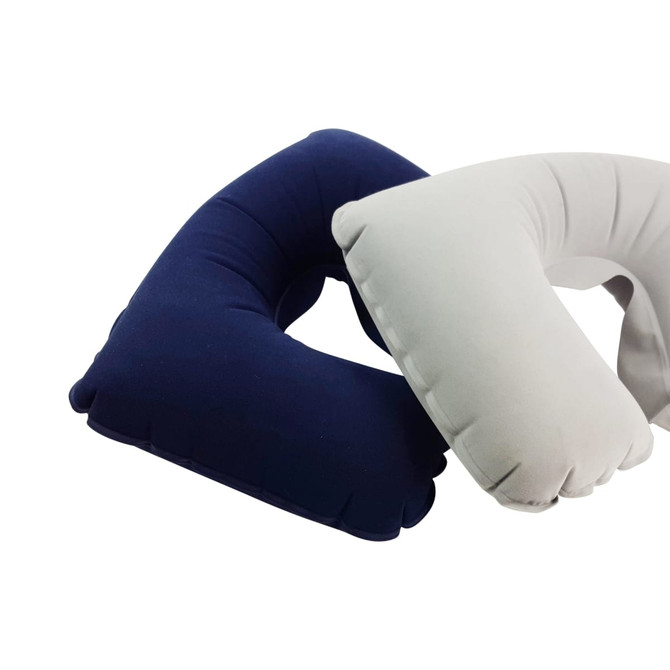 Two inflatable travel pillows in navy blue and light grey, featuring a curved design. Each has a logo.