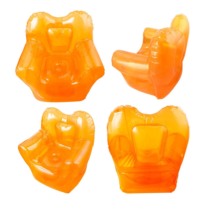 An inflatable chair in a bright orange colour, showcasing multiple angles of its design. Features include armrests and a glossy finish.