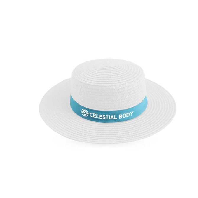 A white straw hat featuring a light blue ribbon and a logo.