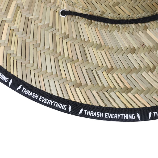 A straw hat with a wide brim and a black string, featuring a logo band around the base.