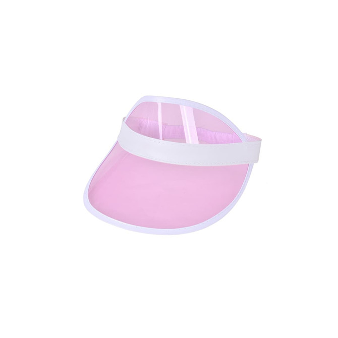 A pink PVC sunscreen hat with a white band and a clear visor, featuring a logo on the front.