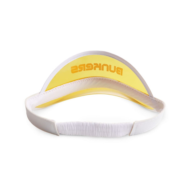 A white PVC sunscreen hat with a yellow visor and an elastic band for adjustable fit. It features a logo.
