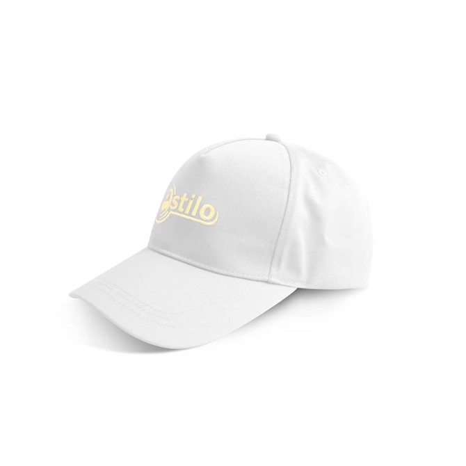 A white cap featuring a logo, designed with eco-friendly materials for headwear.