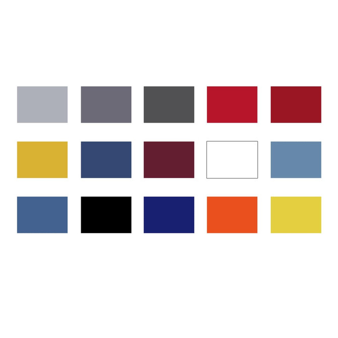 A grid of colours featuring grey, red, yellow, blue, black, orange, and more, arranged in rows.