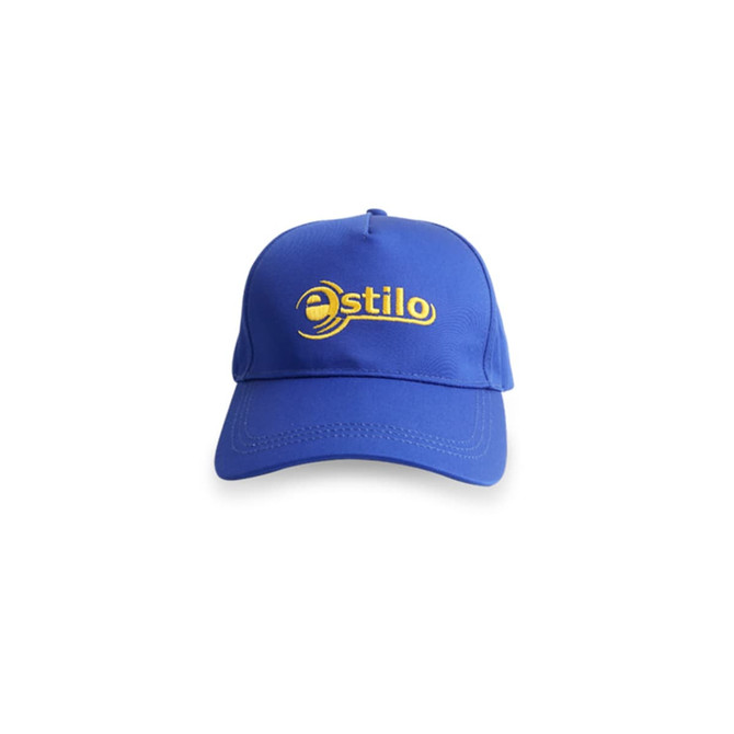A blue cap featuring a logo on the front, designed for promotional use in headwear.